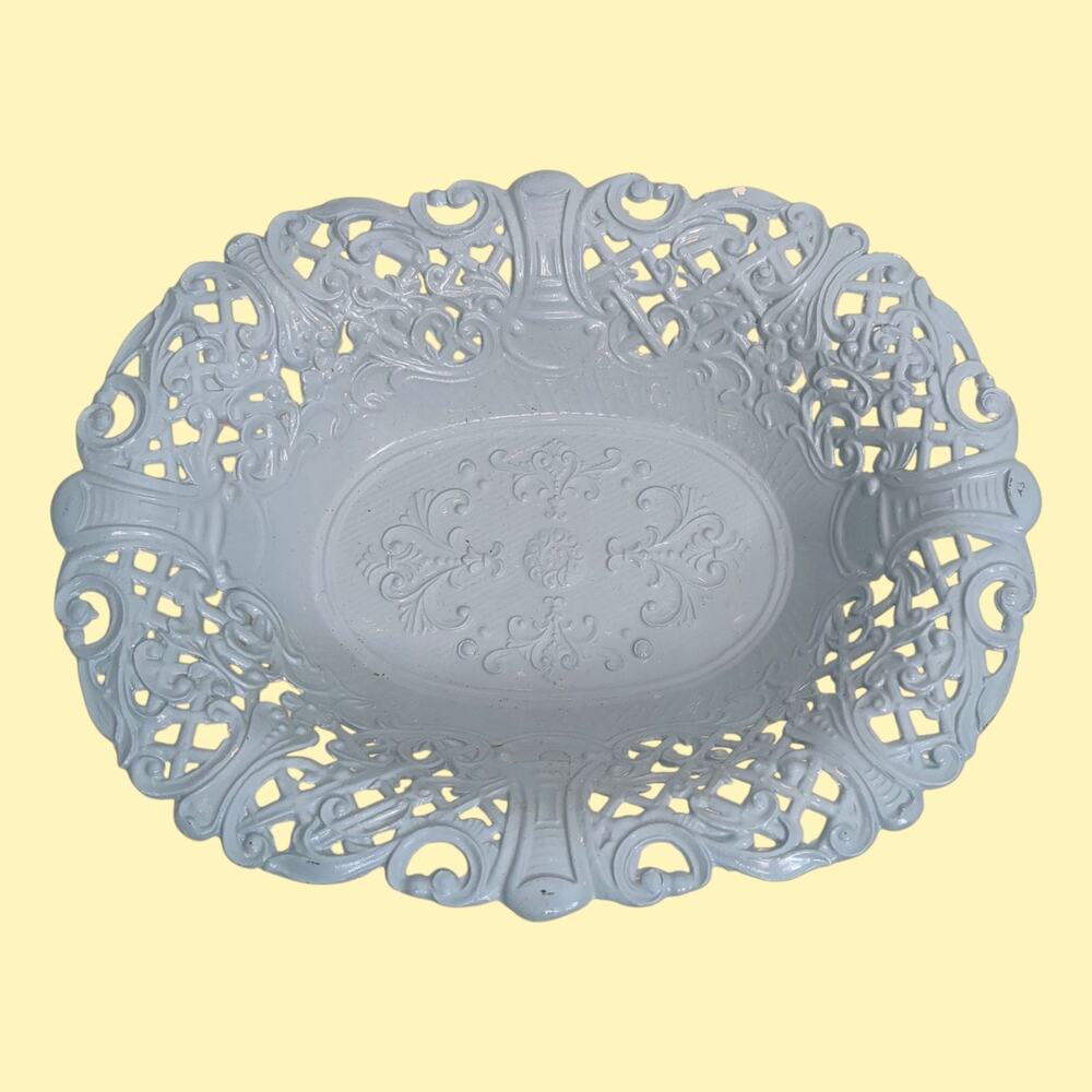 Vintage Italian Ornate Filigree Blue Painted Metal Fruit Bowl/Basket Italy